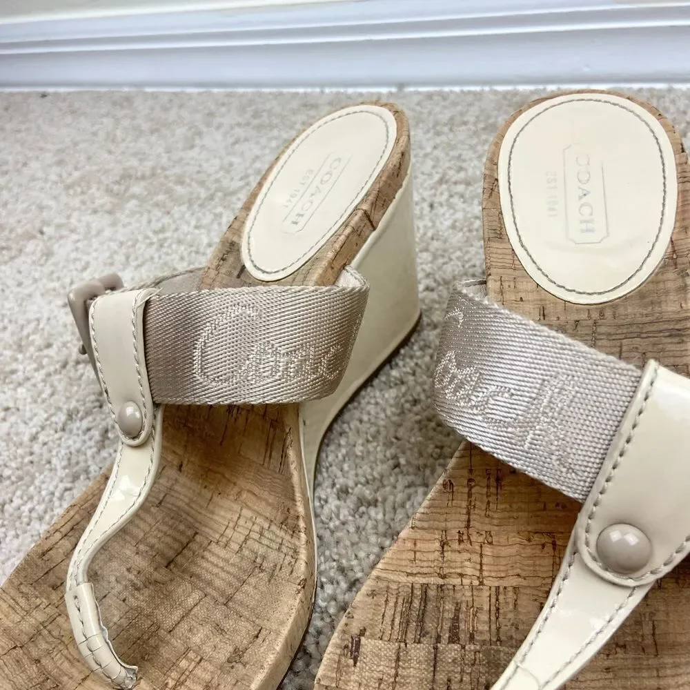 Coach Bernadette Patent T Leather Strap Cork Wedge